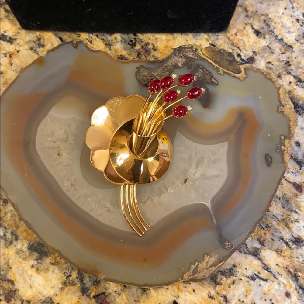 Vintage Coro Sterling Pegasus Coro red, Gold /Sterling floral brooch GUC Rare